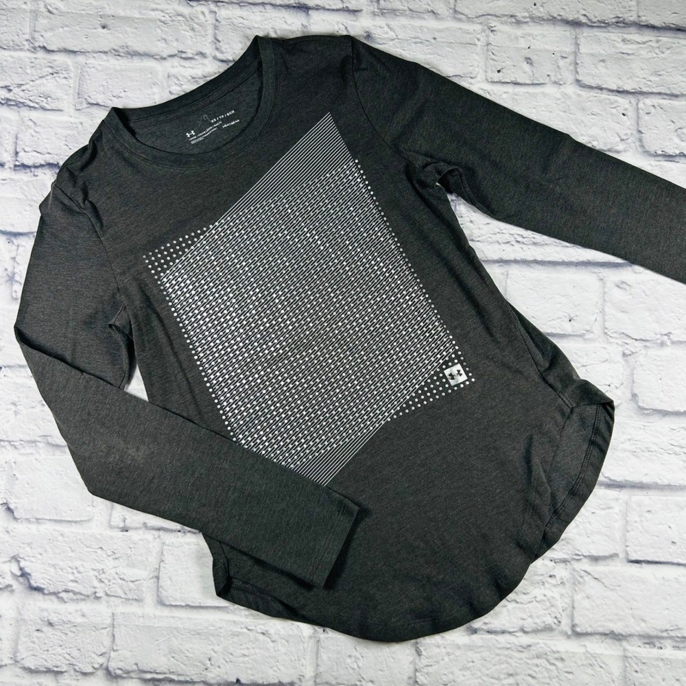 Under Armour HeatGear Long Sleeve Gray Silver Graphic Athletic Shirt Womens XS